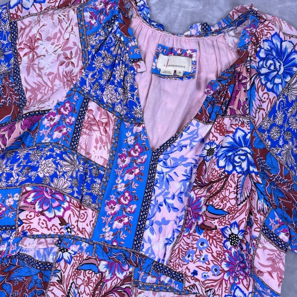 Anthropologie Patchwork Floral Tiered Midi Dress Blue Pink XL Split V-Neck Boho